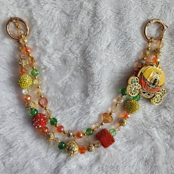 Colorful Beaded 2 Strand Chain with Carriage Purse Charm Bag Charm Chain - Picture 1 of 9